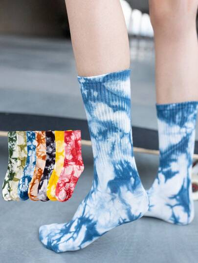 4 Pairs Women Tie Dye Mid-Calf Sports Socks, Colorful Gradient Couples Street Sports, Skate, Basketball Socks, Fall