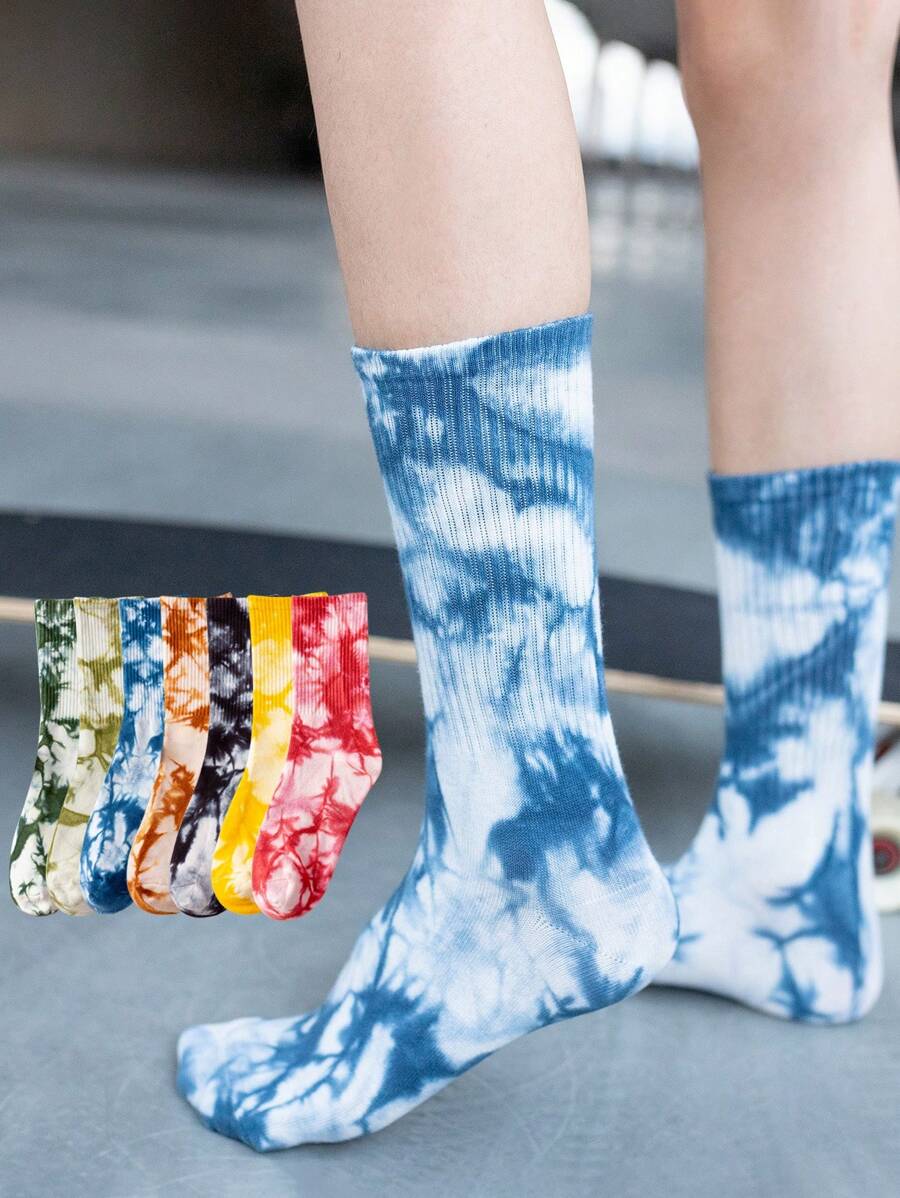 4 Pairs Women Tie Dye Mid-Calf Sports Socks, Colorful Gradient Couples Street Sports, Skate, Basketball Socks