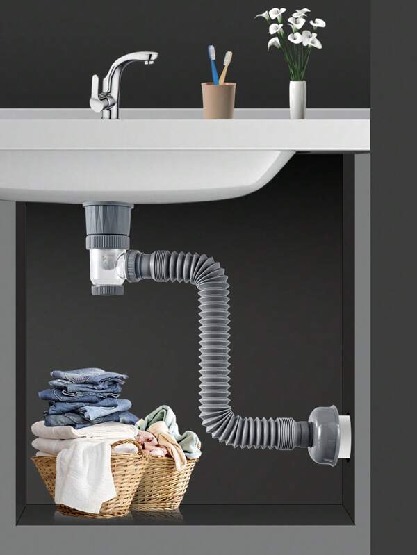 1pc Drain Pipe Set, Sink Drain Pipe, Odorless, Anti-Insect Design For Kitchen And Bathroom, Stainless Steel & ABS Material, Space Saving, Dual-Outlet Drain Pipe, Horizontal & Vertical Drainage