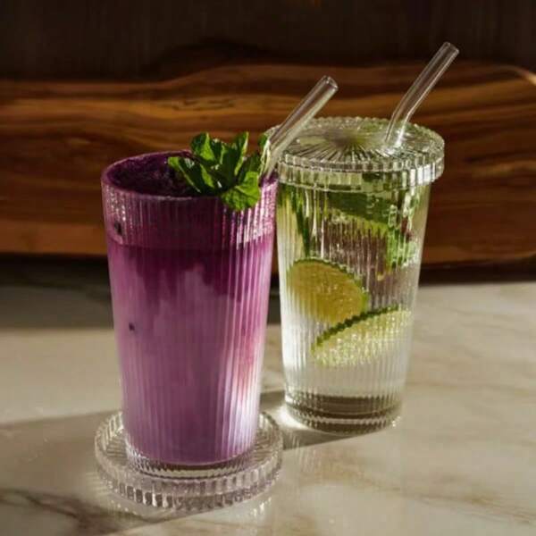 380ML Stripe Glass Cup With Lid And Straw, Transparent Cold Drinking Cup, Juice Tea Cup Milk Coffee Mug For Office, Home And Any Occasion, Perfect For Christmas, Thanksgiving, Mother's Day,Valentine's Day Gifts