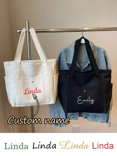 1/2Pcs Personalized Name Canvas, Custom Tote Bag, Customizable Large Capacity Shoulder Bag, Multifunction, Versatile, Large Capacity, Lightweight, Functional, Practical, All-Purpose, Colorful, Cute, Adorable, Contracted, Funny, Kawaii, Y2K, Minimalist, Commuting, Business Casual, Basics, Custom, Customized, For Holiday/ Vacation, For Outdoors/Outings,Bags & Luggage,2025 Halloween Accessories, Urban Chill