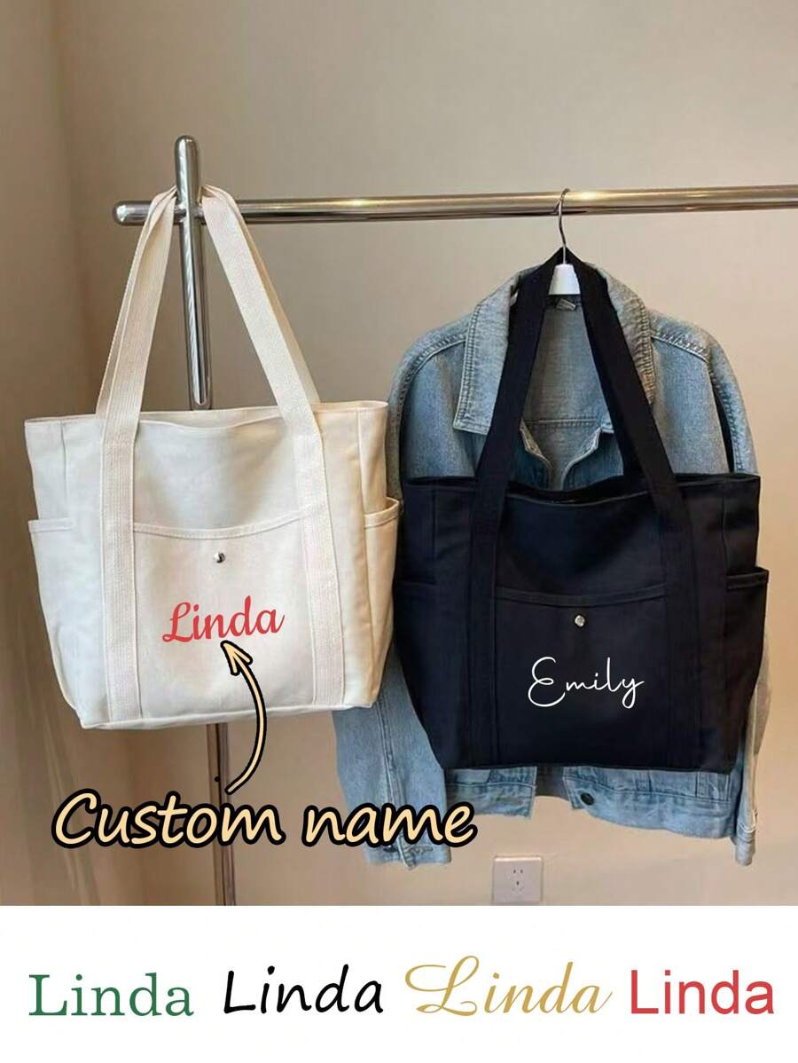 1/2Pcs Personalized Name Canvas, Custom Tote Bag, Customizable Large Capacity Shoulder Bag, Multifunction, Versatile, Large Capacity, Lightweight, Functional, Practical, All-Purpose, Colorful, Cute, Adorable, Contracted, Funny, Kawaii, Y2K, Minimalist, Commuting, Business Casual, Basics, Custom, Personalized, Unique, Customized, For Anniversaries, For Holiday/ Vacation, For Outdoors/Outings/Travel/Hiking/Stadium/Sports/Climbing, For Business/Commute/Work/Office, Travel, High School Senior High School Students, College Students, University Students, Freshman, Sophomore, Underclassmen