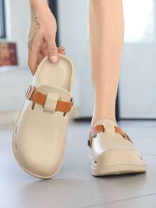 男士纯色一脚蹬凉鞋，时尚扣环设计，防滑百搭沙滩拖鞋，适合户外活动和日常穿着