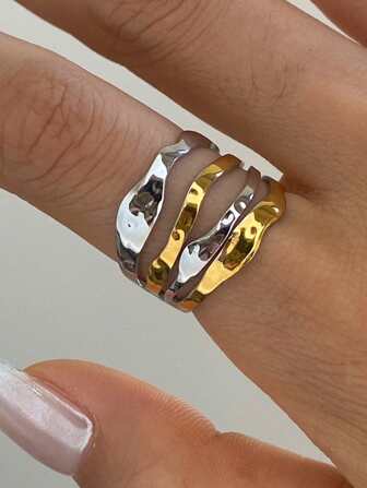 Uworld 1pc Casual Hollow Out Stainless Steel Cuff Ring Minimalist Geometric Opening Rings Women Holiday Jewelry Daily Decoration