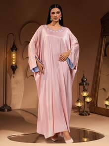 New Fashionable Luxury Elegant Pearl Embroidered Lace Collar Tassel Splice Women's Arabic Robe - Pink - View 4