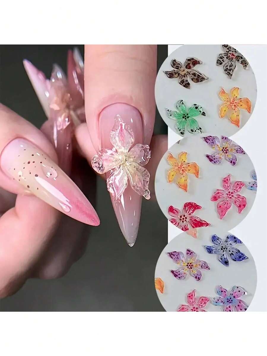 1 Box Of 50 Nail Ornaments Mixed Soft Carved Ice Crystal Flower Three-Dimensional Resin Multi-Color Lily DIY Nail Decoration