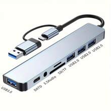 Hub USB de 8 en 2 que ahorra espacio con conector de audio, adaptador multipuerto para tabletas, alimentado por USB, voltaje de funcionamiento de 5V, compatible con tabletas