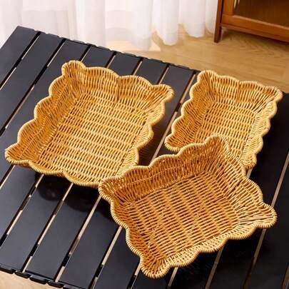 1pc Multifunctional Oval-Shaped Woven Storage Basket - Plastic Rattan Design, Suitable For Storing Fruits, Snacks, Utensils, Fresh Flowers And Miscellaneous Goods, Shelf Decor, Home Decor