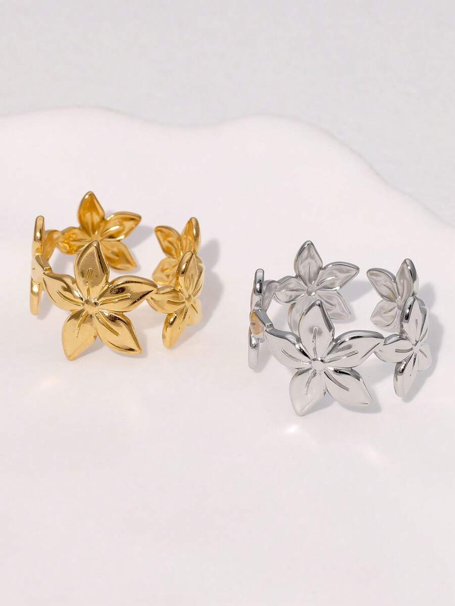 1pc Fashion Versatile Minimalist Stainless Steel Flower Shaped Open Ring, Suitable For Ladies Everyday And Gathering Wear