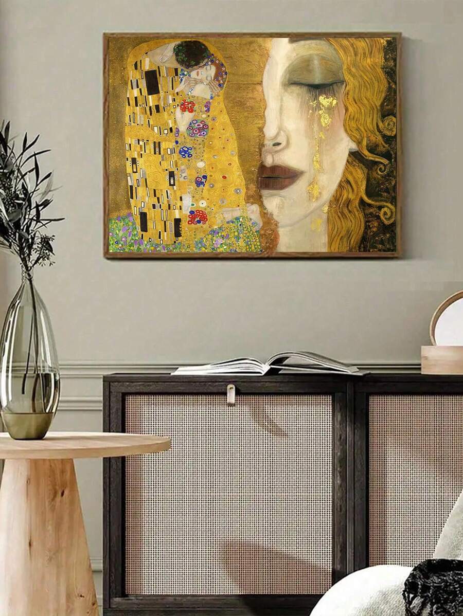 1 件《吻与泪》，古斯塔夫·克里姆特，复制艺术帆布印刷品，浪漫艺术，家居装饰著名爱情画作，艺术经典艺术，适用于客厅卧室浴室办公室和其他家居装饰，无框架 - 黃色 - 查看 1