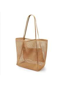 新款时尚折叠沙滩包网眼手提包女士单肩包购物袋夏季户外旅行包大容量东南亚风格沙滩玩水透气游泳收纳袋 - 棕色 - 查看 6