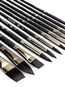 opeth Set di 12 pennelli in nylon nero, setole in nylon di alta qualità ad alta assorbenza, manici in legno ergonomici, 12 testine di pennello per pittura ad acrilico, olio, acquerello, gouache