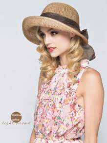 1pc Women Ribbon Solid Color Straw Hat, Fashion Elegant Sunscreen Beach Hat With Linen Bowknot, Suitable For Summer Outings, Beach, Vacation, And Casual Wear