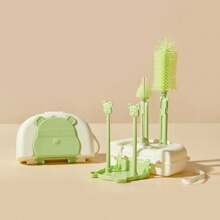 Ensemble de brosses portables pour bouteille avec ours, comprenant une brosse pour bouteille, une brosse pour tétine, une brosse pour paille, une brosse pour tasse, un support d'égouttage et une boîte de rangement de voyage
