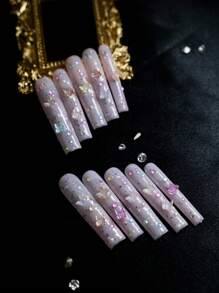 10 件超长手工按压指甲，适合派对和日常佩戴，3D 水钻，适合女孩的蝴蝶，易于佩戴 10 件 Y2K 超长手工按压指甲，闪亮的人造宝石，春夏风格，适合女孩和女性节日派对和日常佩戴（注意：配饰颜色随机）