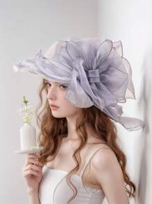 1pc Women Casual Elegant Polyester Mesh Breathable Solid Color Bow Decor Bucket Hat, Fashionable For Outing, Party, Daily Wear - Bow - View 2