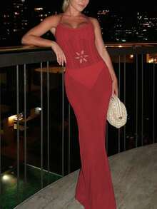 Vestido de punto con anudar en el cuello, de unicolor y estilo sencillo para uso diario de mujer - Rojo - Ver 5