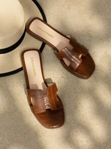 Women Slides Sandals Summer Flats Slippers With Crocodile Pattern Upper Design Elegant Fashion Vacation Daily Lady Flat Sandals Shoes - màu nâu - Xem 1