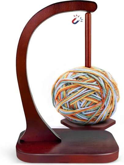 Wooden Yarn Holder For Crocheting, Upgrade Larger Size & Magnetic, Rotating Yarn Ball Dispenser Stand, Yarn Spinner As Surprise Gift For Knitting Lovers (Walnut)