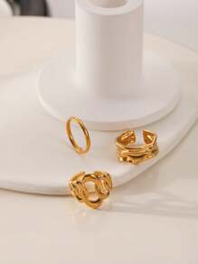 3pcs Asymmetrical Textured Gold Stainless Steel O-Shaped Ring Set For Women - Yellow Gold - View 2