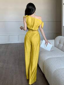 abyoxi 两件套：不对称领口系带腰身休闲上衣和阔腿裤，性感黄色套装，适合通勤、度假、海滩、春夏穿着。 - 黃色 - 查看 2