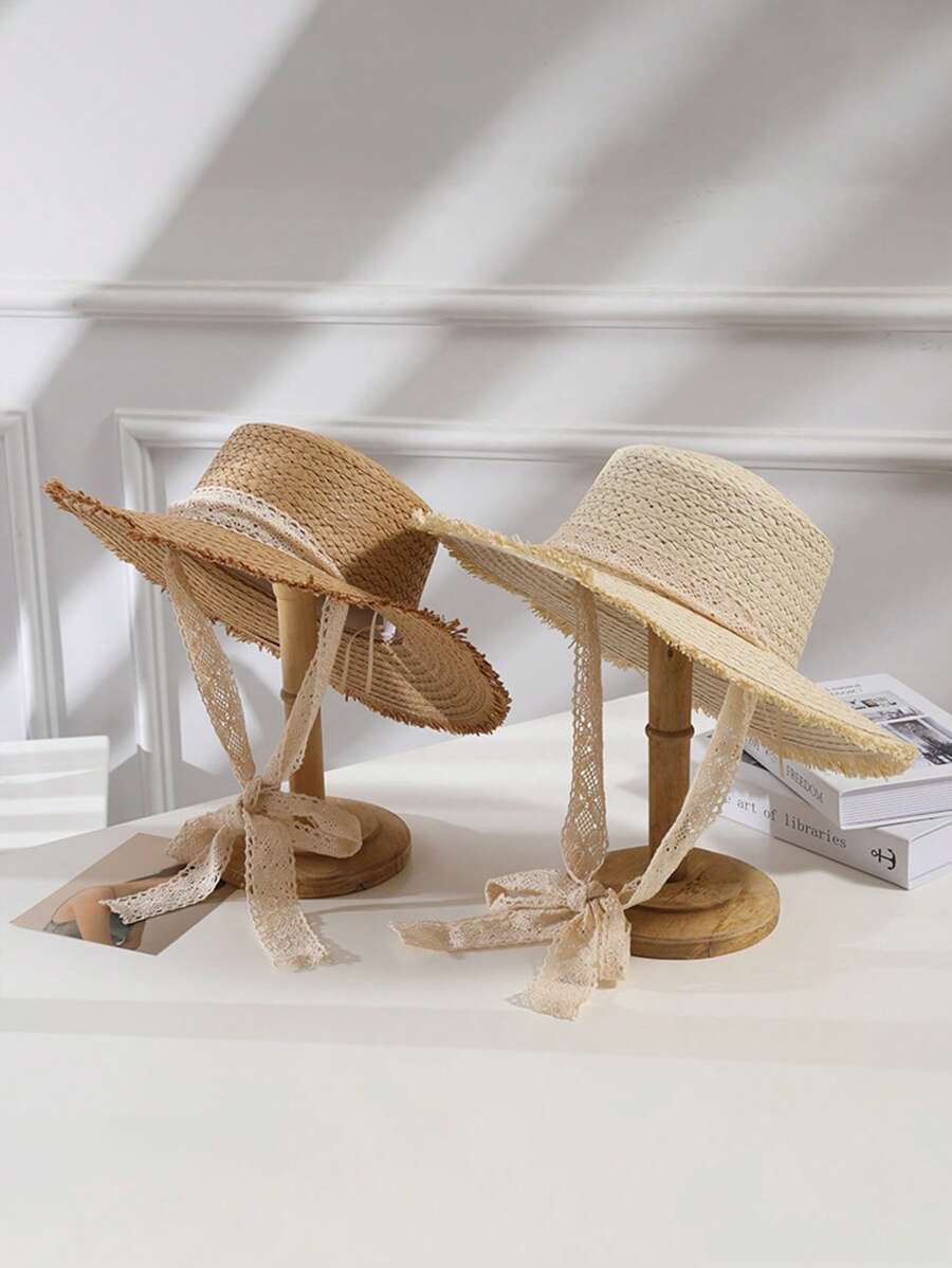 Wide Brim Woven Straw Hat, Fashionable Sun Protection Panama Hat With Ribbon, Suitable For Summer Beach Vacation - Multicolor - View 1