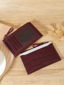 勃艮第包 Charry Red 包 酒红色包，时尚酒红色皮革女士短钱包，鳄鱼纹和石头纹理，双色简约设计，浮雕触感，多个卡槽，拉链零钱袋