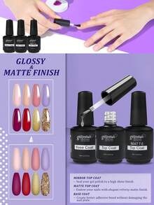 Gel Top Coat, Matte Top Coat And Base Coat Set, 3 Pcs 15ml Glossy Matte No Wipe Combination For UV/LED Light Cure Gel Nail Polish - Clear - View 2