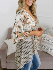 Cárdigan estilo kimono bohemio con estampado floral para mujer de PiePieBuy, manga 3/4 con volantes, ligero y holgado con lazo - Blanco - Ver 2