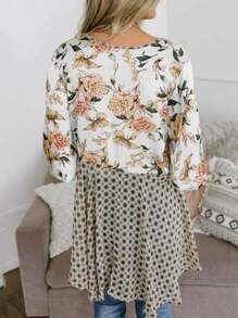 Cárdigan estilo kimono bohemio con estampado floral para mujer de PiePieBuy, manga 3/4 con volantes, ligero y holgado con lazo - Blanco - Ver 3