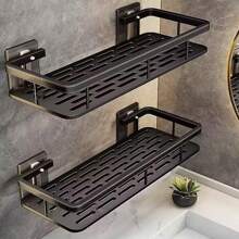 1pc Shower Rack, Adhesive Shower Rack With Hook, No Need For Drilling, Wall Mounted Rust Proof High-End Storage Bathroom, Kitchen, Storage Rack,Racks For Storage,Shelf,Black Home Bathroom Decor Fall Decor Back To School