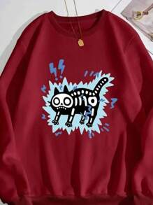 Cute Cat Print Sweatshirt, 100% Cotton Round Neck Sweatshirt - Burgundy - View 2
