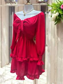 SHORT DRESS WITH LONG SLEEVES AND SPRING, COUNTRY STYLE, DOUBLE Ruffle, CEY FABRIC. MOD. ELSIE - Red - View 8