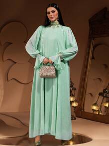 New Fashionable Luxury Minimalist Lace Beaded Embroidery Women Long Robe Dress - Fruit Green - View 2