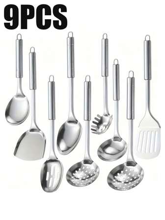 9 件套不锈钢厨房用具、不锈钢厨房工具、烹饪勺和铲刀套件、舒适握持不锈钢烹饪用具、不粘锅具，包括铲子、勺子等 - 现代、可清洗家庭餐厅必备烹饪工具（银色）
