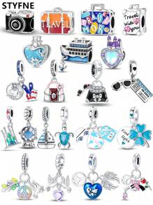 STYFNE 1pc Blue Series Travel Cruise Ship, Camera, Ocean Turtle, Clover Charm Pendant, Suitable For DIY Bracelet, Women Jewelry, Daily Small Gift - Multicolor - View 1