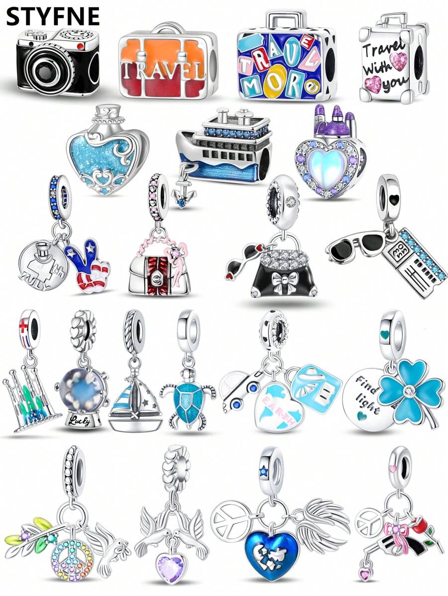 STYFNE 1pc Blue Series Travel Cruise Ship, Camera, Ocean Turtle, Clover Charm Pendant, Suitable For DIY Bracelet, Women Jewelry, Daily Small Gift - Multicolor - View 1