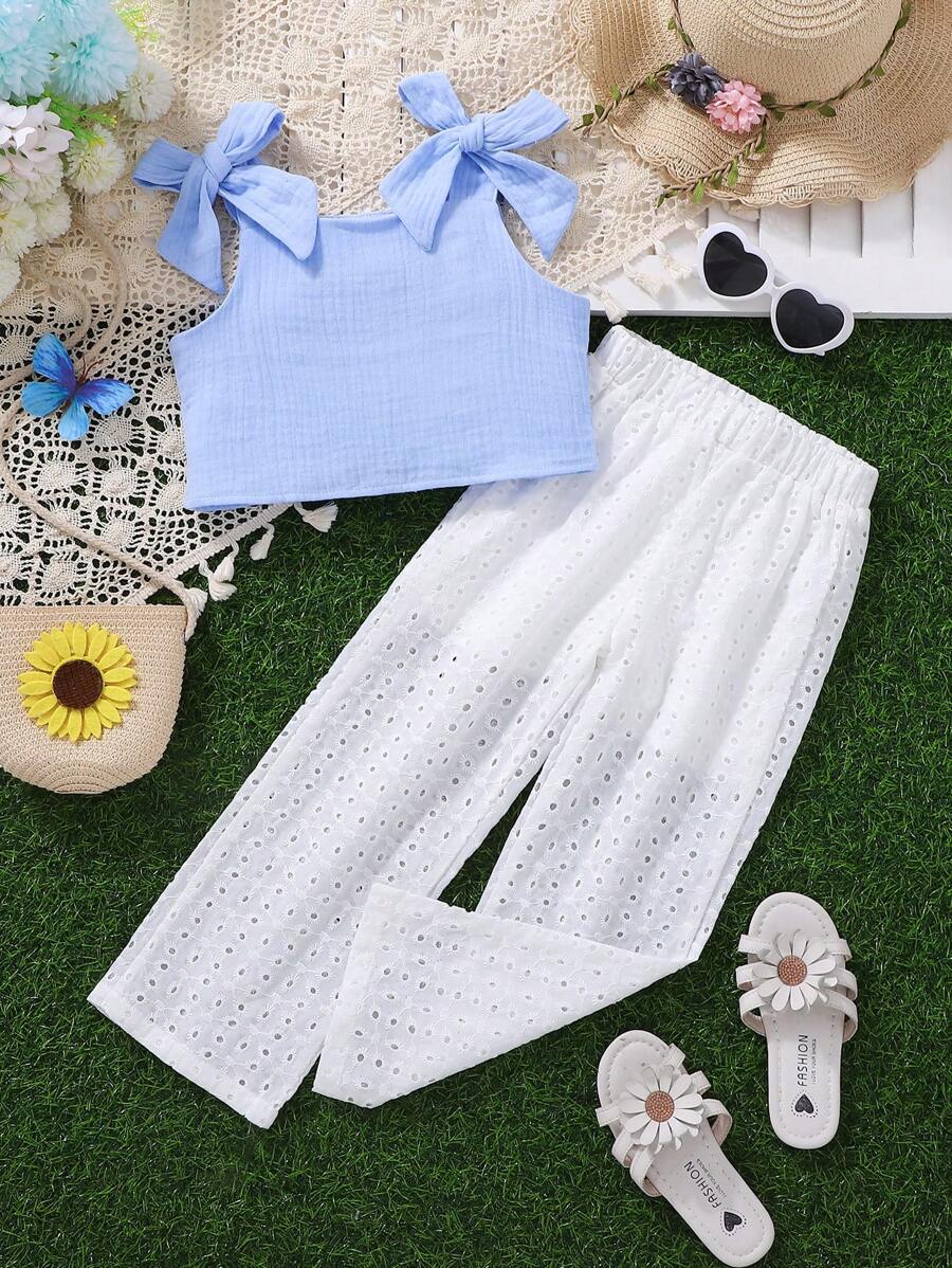 Young Girl Simple Bow Decor Camisole And Straight Pants 2 Pieces Set - Blue - View 1