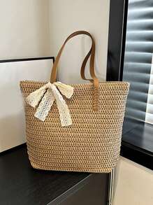 Summer Large Capacity Tote Bag Women's Handmade Woven Shoulder Bag Fresh Rural INS Style Grass Woven Fashionable Handheld Bag Summer Woven Shoulder Bag Women Beach Shoulder Bag Female Straw Knitted Handmade Large Capacity Handbag Purse Travel Tote Bags - Khaki - View 3