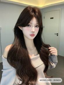 SHUDUO 1 Piece Synthetic Heat-Resistant Wavy Hair Wig, Black-Brown, 28-Inch Long, Center Split Bangs, Made With Fibers For Daily Use, Natural And Realistic Wig (Accessories Not Included)
