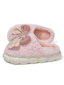 Women's Bow Plush Slippers, 2025 New Autumn/Winter Indoor Warm Non-Slip Slippers, Thick Sole Home Shoes, White & Khaki