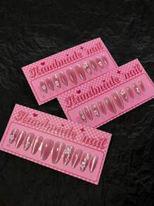 10pcs Blush Press On Nails Spring Flowers Fake Nails Pink Cat Eye Fake Nails Short Almond Shape Manicure Set Includes 1sheet Adhesive Tabs & 1pc Mini File Perfect For Everyday Wear - Multicolor - View 3