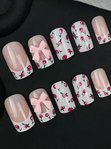Rosas de color rosa dulce, diseño de lazo 3D en uñas, un imprescindible para fiestas diarias y citas de boda, reutilizable con lima de uñas y pegamento de gelatina, juego de 24 uñas postizas