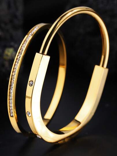 Camhanno 2pcs Pieces Stylish Gorgeous Stainless Steel Single Row Diamond Lock Bracelet Combo (Men/Women's Gift) Is The Perfect Gift For Friends And Family