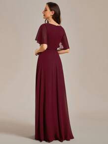 Elegant V-Neck Embroidered Ruffle Sleeve Pleated Chiffon Burgundy Bridesmaid Dress, Wedding Guest Dress, Semi-Formal Evening Gown, New Year Dress - Burgundy - View 3