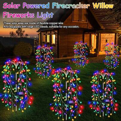1 Pc Outdoor Solar Powered 120-200 LED Fireworks Light, Waterproof Firecracker Lawn Light, Solar Street Light, Outdoor Waterproof Garden Decoration Light, Christmas Ambient Ground Pile Light String, For Villa Yard, Path, Lawn, Party Decoration, Halloween And Christmas Gift, Auto Charge In Sun During The Day
