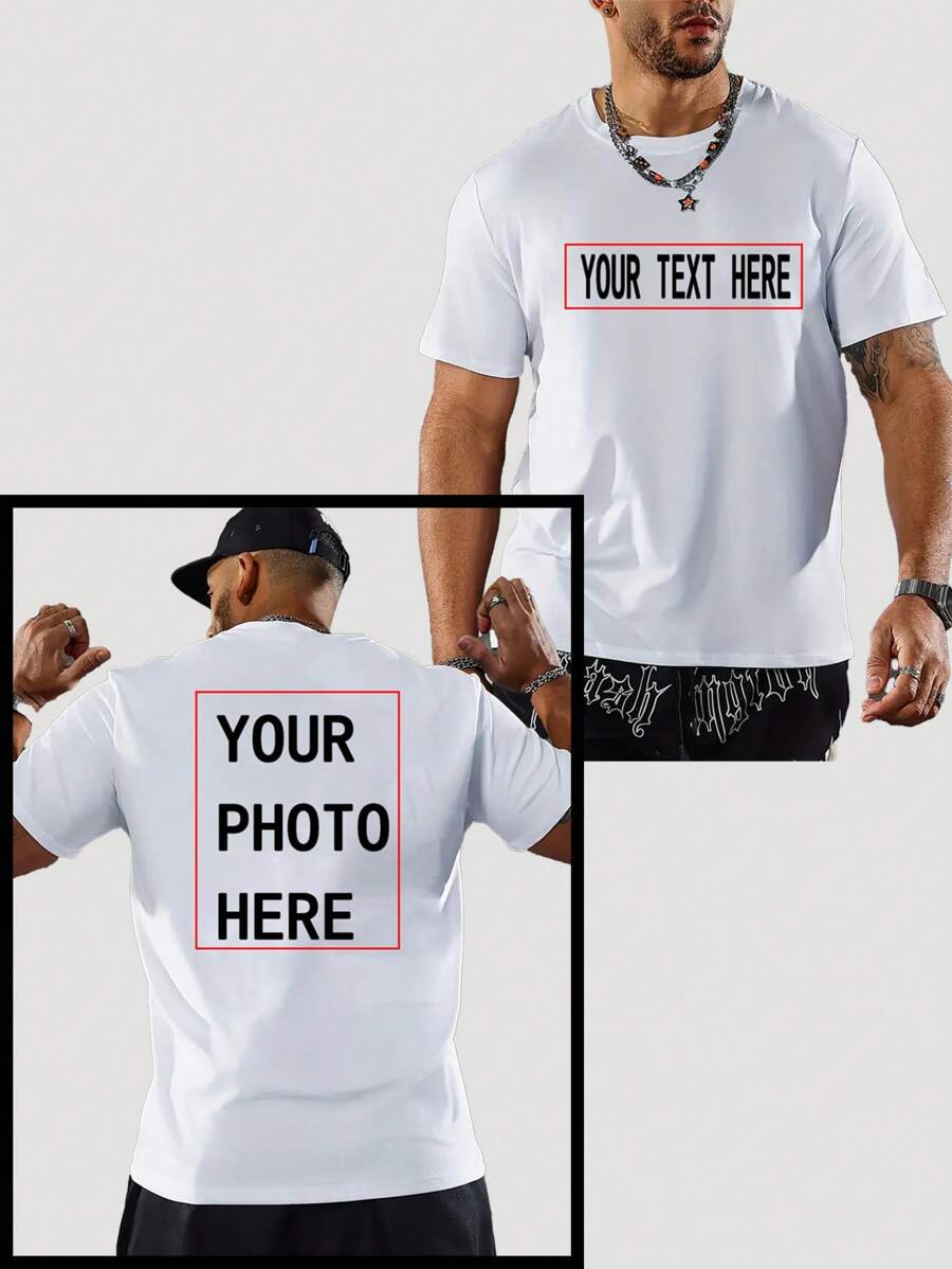 Customized Men's Black & White T-Shirt, Support Free Upload Of Personal Photos, Anime Characters, Couple Selfies, Pet Photos Or Artworks. Combination Of Centered Creative Text On Front And Full-Graphic Design On Back, Providing Original DIY Personalized Printing Service For Names, Dates, Custom Slogans Or Hand-Drawn Patterns