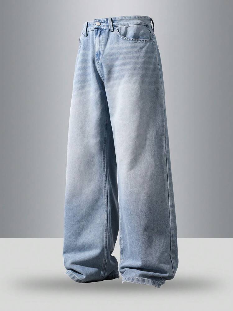 HEHCN Men's Distressed Vintage Light Blue Loose Straight Leg Casual Jeans, Wide Leg Pants, Suitable As Gift For Husband Or Boyfriend