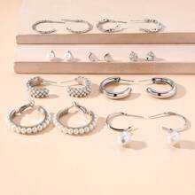 9 paar elegante minimalistische kristal- en parelversierde oorbellencombinatieset, geschikt voor dagelijks gebruik
