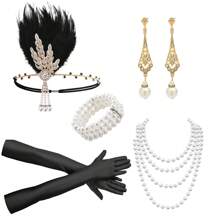 7pcs 1920s Women's Party Makeup Ball Feather Headpiece, Earrings, Bracelet, Glove, Sequin 5-Piece Set, Elegant Vintage Sexy High-End Headpiece For Bachelorette Party Prom